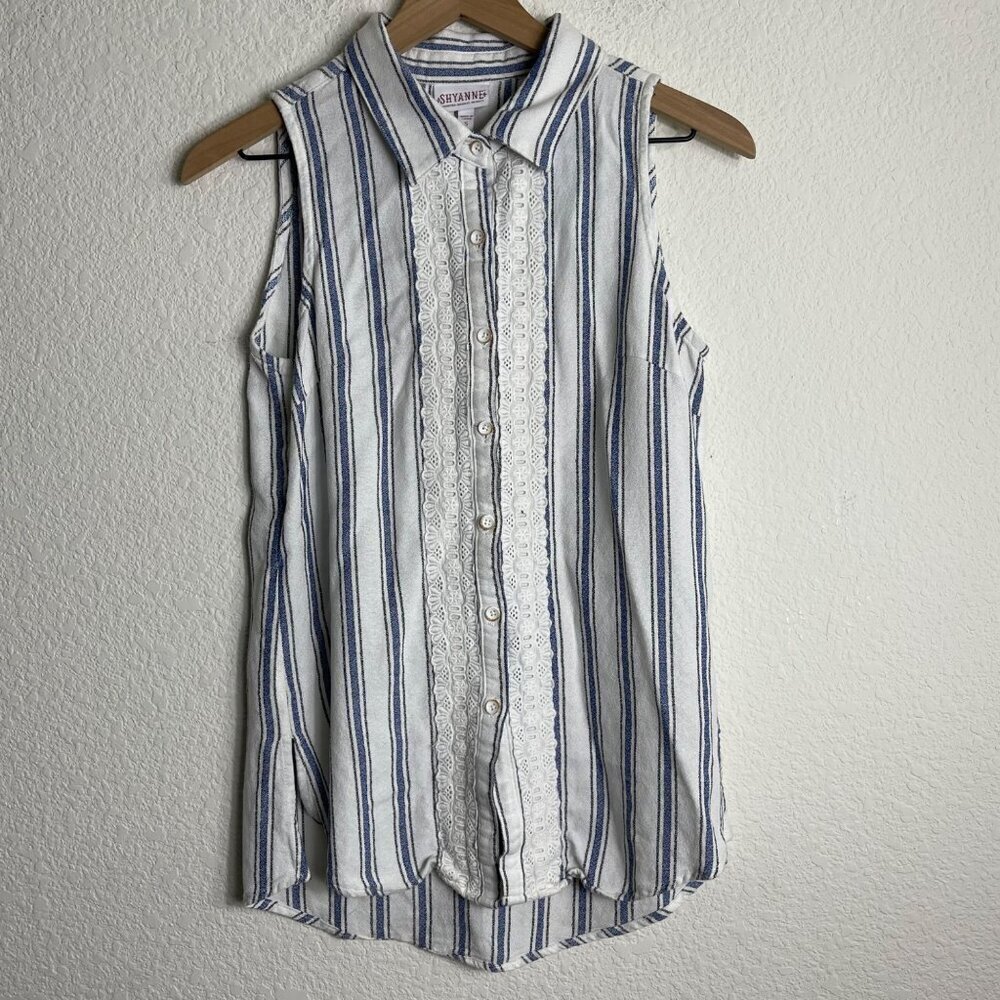 Shyanne Women’s Sleeveless Blue Stripe Lace Collar Blouse Small - Picture 2 of 10